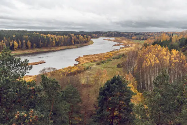 Landscape view on the bend of Daugava river from sightseeing tower located in Vasargeliski, Naujene parish, Daugavpils district, Latgale region, Latvia, which is a part of Nature Park "Daugavas Loki"