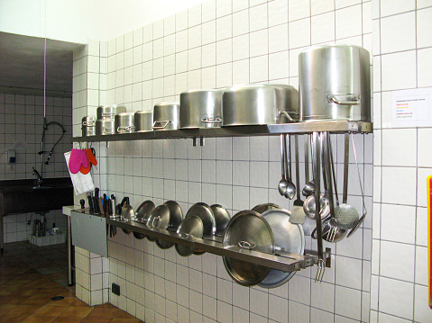 Shelf with pots and pots. Kitchenware.
