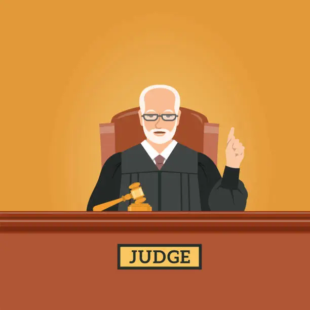 Vector illustration of Judge mature man in courtroom adjudicates
