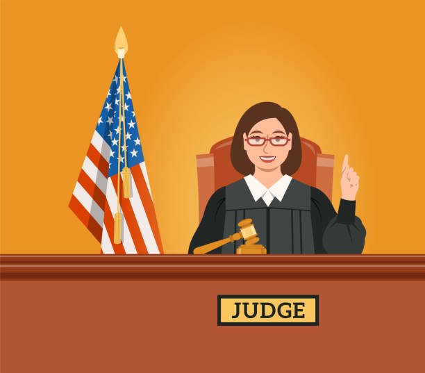 Judge woman in courtroom adjudicates Judge woman in courtroom at tribunal with gavel and American flag points finger up pronouncing judgment. Judicial cartoon background. Civil and criminal cases public trial. Flat vector concept judge stock illustrations