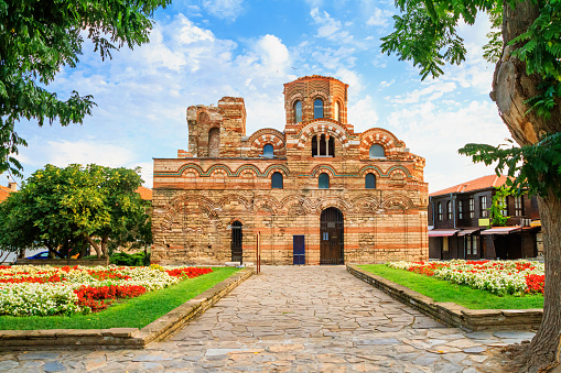 Cityscape with historic buildings - view of the Church of Christ Pantocrator in the Old Town of Nesebar, on the Black Sea coast of Bulgaria