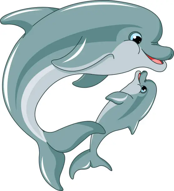 Vector illustration of Dolphin mother and baby