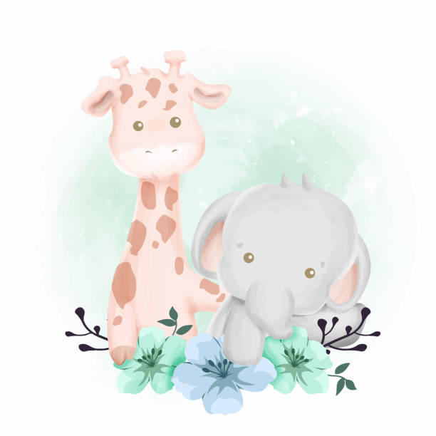 lovely baby giraffe and elephant lovely baby giraffe and elephant elephant art stock illustrations