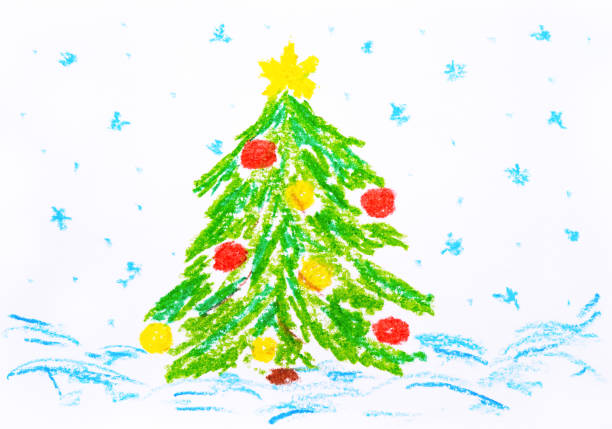 istock Decorated Christmas tree in snow. Hand drawing by oil pastels. 1348268871