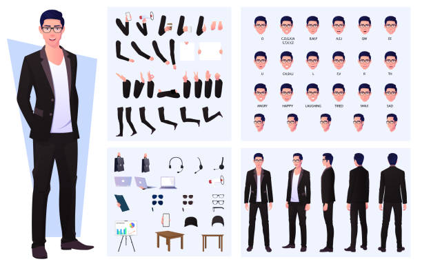 ilustraciones, imágenes clip art, dibujos animados e iconos de stock de constructor de personajes con hombre de negocios con traje y gafas, gestos con las manos, emociones y diseño de sincronización de labios - grupo de objetos
