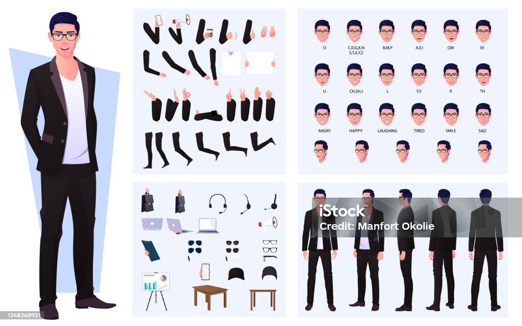 Character Constructor with Business Man Wearing Suit and Glasses, Hand Gestures, Emotions and Lip Sync design Fictional Character stock vector