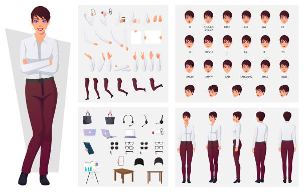 ilustrações, clipart, desenhos animados e ícones de conjunto de criação de personagem com mulher vestindo calças e camisa branca para animação e design de apresentação - grupo de objetos
