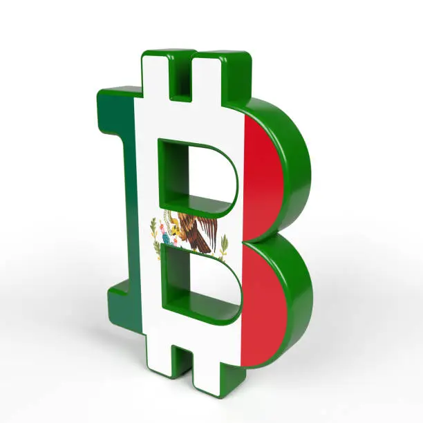 Bitcoin symbol textured with the Mexican flag. On white-colored background. Square composition with copy space. Isolated with clipping path.