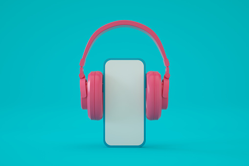 3d render, smart mobile phone with headphones, music concept