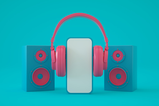3d render, smart mobile phone with headphones and audio speakers, music concept