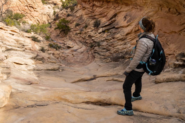 istock Hiker Looking Down Steep Rock Wash On The Trail To Druid Arch 1348271983