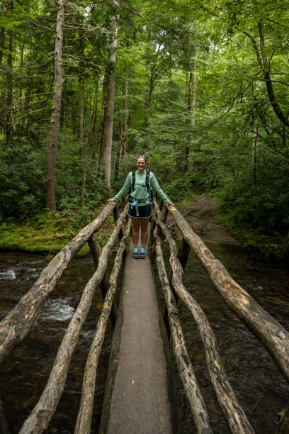 istock Woman Pauses on Long Wooden Bridge 1348273012
