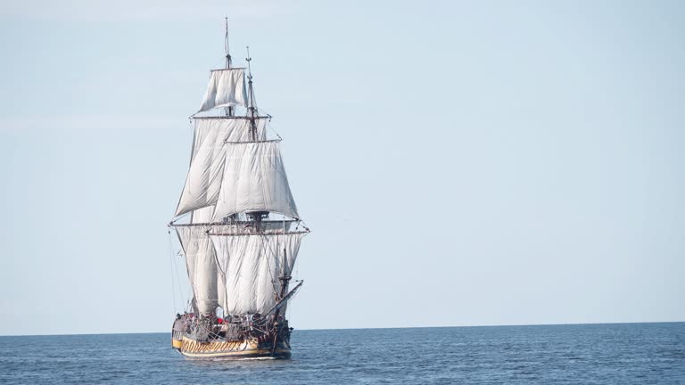 4K - Historical frigate. Sailing ship sails on the sea. Close-up