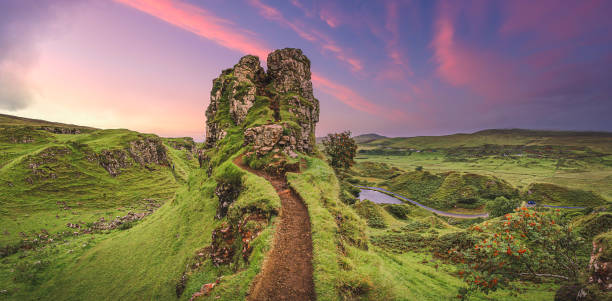 Fairy Glen hills formation with circular, spiral like pattern, Uig, Portree, Scotland, UK Fairy Glen hills formation with circular, spiral like pattern, Uig, Portree, Scotland, UK. isle of skye stock pictures, royalty-free photos & images