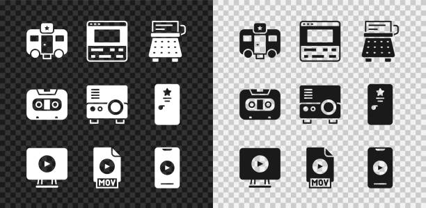 ilustrações de stock, clip art, desenhos animados e ícones de set actor trailer, video recorder on laptop, retro typewriter, online play video, mov file document, audio cassette tape and media projector icon. vector - typewriter retro revival old fashioned the media