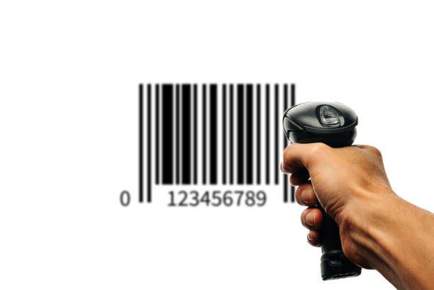 bar code. retail label barcode scan. reader laser scanner for warehouse holding hand. product code data concept. - bar code reader bar code reading laser imagens e fotografias de stock