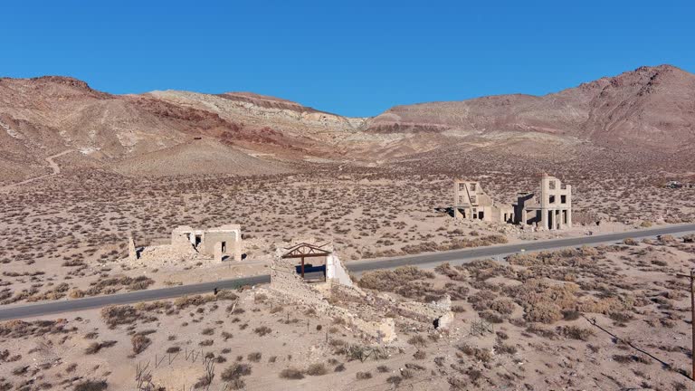 Aerial view of Rhyolite Ghost town ruins in Nevada desert