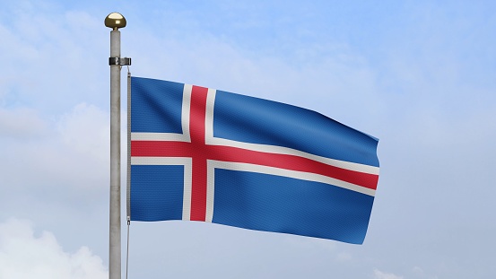 3D, Icelandic flag waving on wind with blue sky and clouds. Iceland banner blowing, soft and smooth silk. Cloth fabric texture ensign background. Use it for national day and country occasions concept.