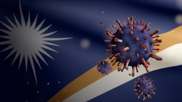 istock 3D, Flu coronavirus floating over Marshallese flag, a pathogen that attacks the respiratory tract. 1348281344