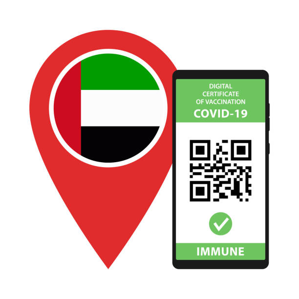 ilustrações, clipart, desenhos animados e ícones de certificado digital de vacinação para os emirados árabes unidos. aplicativo de passaporte de saúde com qr code na tela do smartphone para conceito de viagem segura. covid-19 imune. ilustração vetorial. - united arab emirates flag united arab emirates flag interface icons