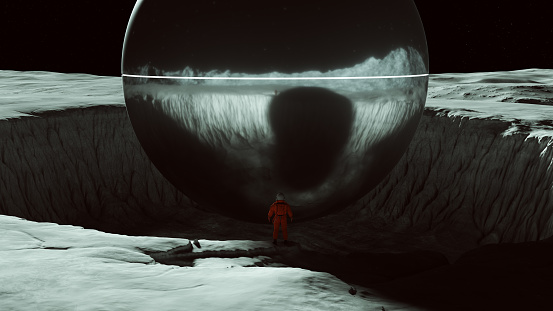 Orange Spaceman Spacewoman Standing on the Edge of a Large Crater Silver UFO with Glowing White Strip on the Moon Sci Fi Astronaut Cosmonaut Moonscape 3d illustration render