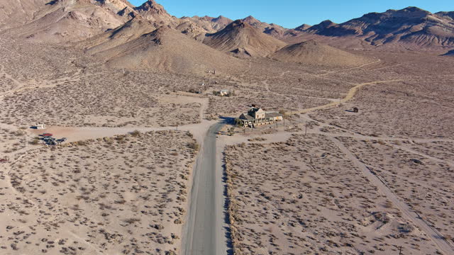 Aerial view of Rhyolite Ghost town ruins in Nevada desert