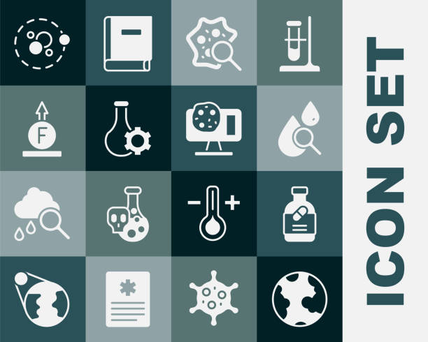 illustrazioni stock, clip art, cartoni animati e icone di tendenza di imposta globo terrestre, bottiglia e pillole di medicina, lente d'ingrandimento a goccia, microrganismi sotto lente d'ingrandimento, provetta, forza della formula fisica, atomo e icona di ingegneria genetica. vettore - pill pop art capsule medicine