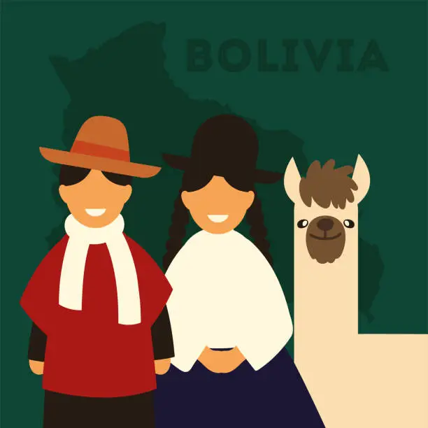 Vector illustration of people and llama of bolivia