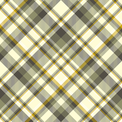 Seamless plaid pattern in olive green, mustard yellow, dark grey, cream and white.