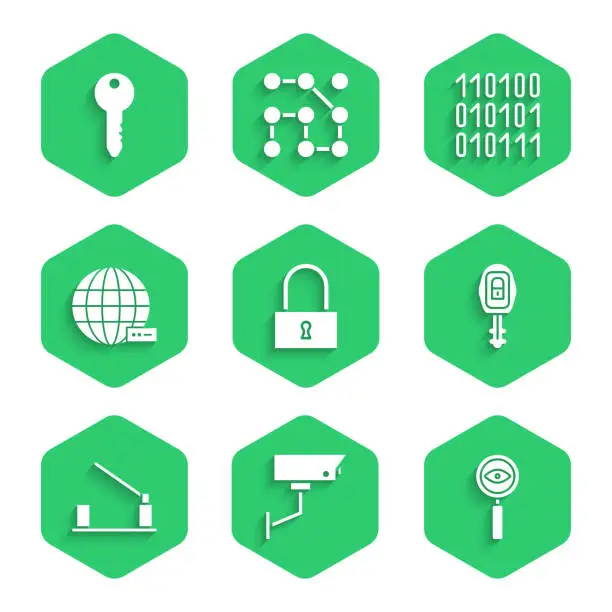 Vector illustration of Set Lock, Security camera, Magnifying glass Search, Car key with remote, Parking car barrier, Social network, Binary code and Key icon. Vector