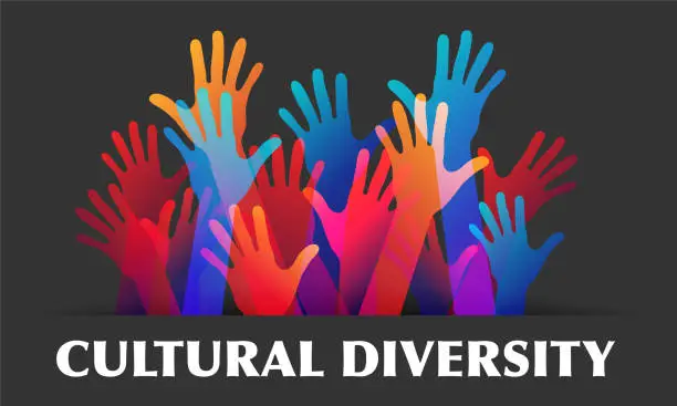 Vector illustration of Cultural Diversity Day diverse. Coloured raised hands on grey background. Vector illustration