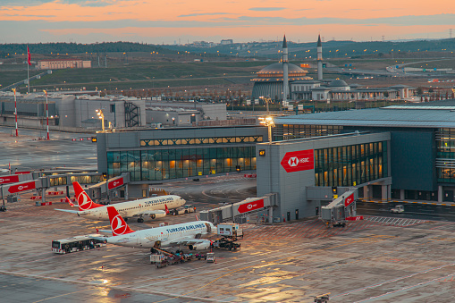 Istanbul, Turkey October 19 2021: Turkish Airlines Boeing 777 is preparing for night flight.
