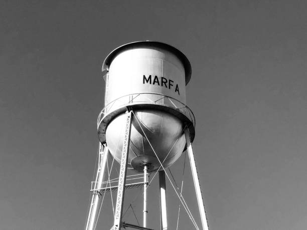 Marfa, TX: Water Tower Reading "MARFA" (B&W) stock photo