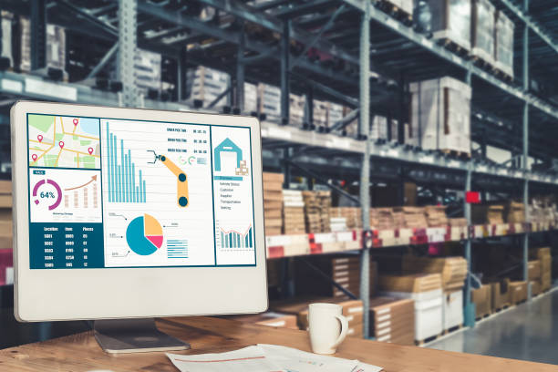 Warehouse management innovative software in computer for real time monitoring stock photo