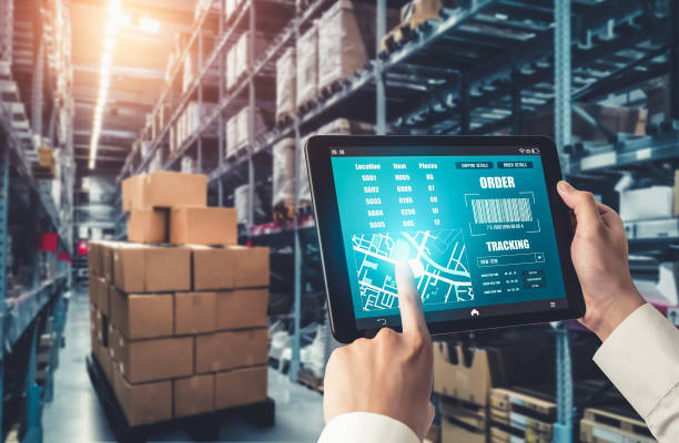 istock Warehouse management innovative software in computer for real time monitoring 1348295423