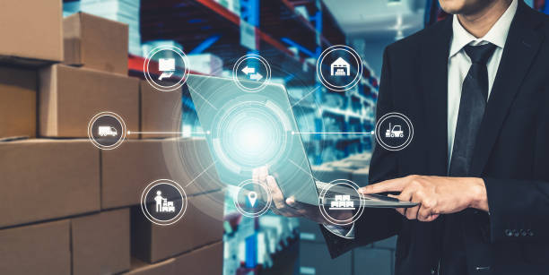 istock Smart warehouse management system with innovative internet of things technology 1348296095