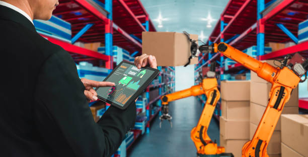 istock Smart robot arm systems for innovative warehouse and factory digital technology 1348296141