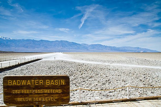 Badwater Basin in Death Valley, California is the lowest point in North America, with an elevation of 282 ft (85.5 m) below sea level. HDR image at dusk.