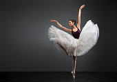 Movement of beauty. Elegant gesture of legs and hands of ballet dancer. Woman and dance art.