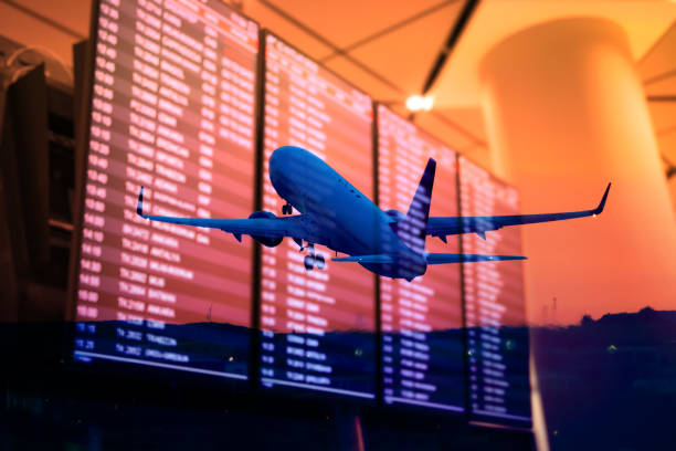 istock Plane and Flight information screens double Exposure Concepts 1348299201