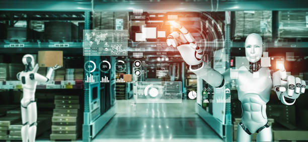 istock Innovative industry robot working in warehouse for human labor replacement 1348299297