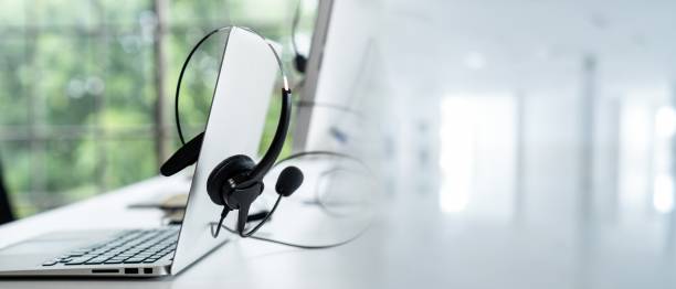 Headset and customer support equipment at call center ready for actively service