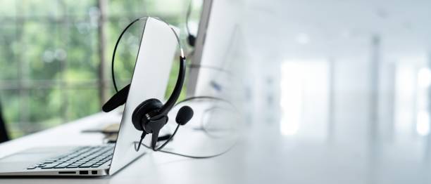 headset and customer support equipment at call center ready for actively service - webinar stok fotoğraflar ve resimler