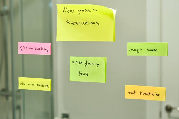 istock new year's resolutions written on papers taped on the bathroom mirror 1348312515