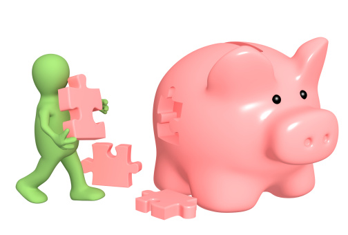 Puppet, piggy bank and puzzles. Isolated over white