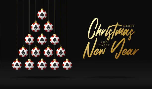 Vector illustration of Christmas and new year greeting card casino chip bauble tree. Creative Xmas tree made by poker chip on black background for Christmas and New Year celebration. Sport greeting card