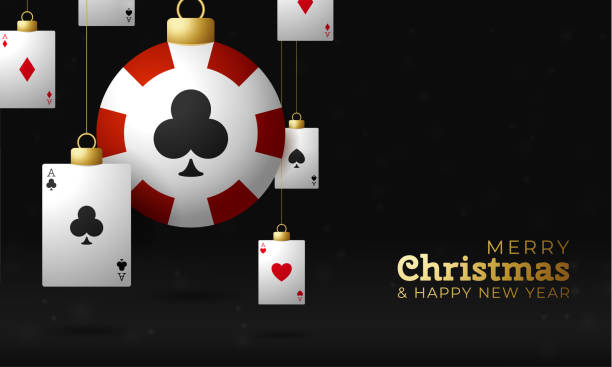 poker Christmas card. Merry Christmas sport greeting card. Hang on a thread poker chip as a xmas ball and golden bauble on black background. Sport Vector illustration. poker Christmas card. Merry Christmas sport greeting card. Hang on a thread poker chip as a xmas ball and golden bauble on black background. Sport Vector illustration. christmas casino stock illustrations