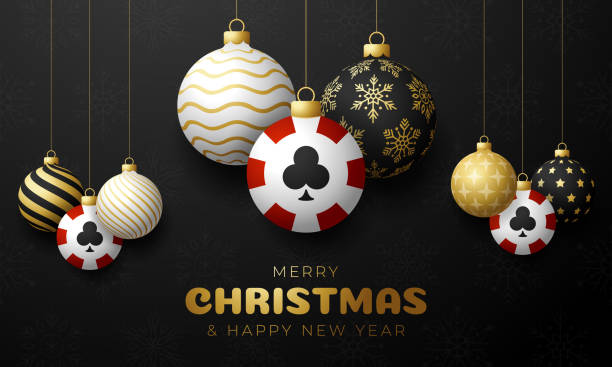 poker Christmas card. Merry Christmas sport greeting card. Hang on a thread poker chip as a xmas ball and golden bauble on black background. Sport Vector illustration. poker Christmas card. Merry Christmas sport greeting card. Hang on a thread poker chip as a xmas ball and golden bauble on black background. Sport Vector illustration. christmas casino stock illustrations