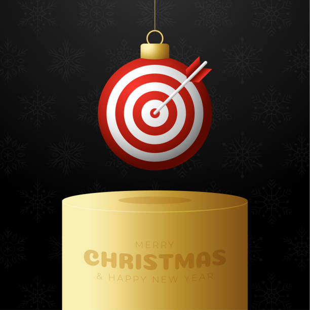 istock Christmas Target Dash bauble pedestal. Merry Christmas sport greeting card. Hang on a thread Target Dash as a xmas ball on golden podium on black background. Sport Vector illustration. 1348316120