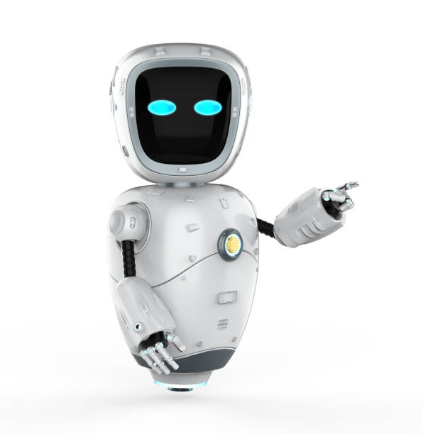 istock assistant robot finger point isolated on white 1348318118